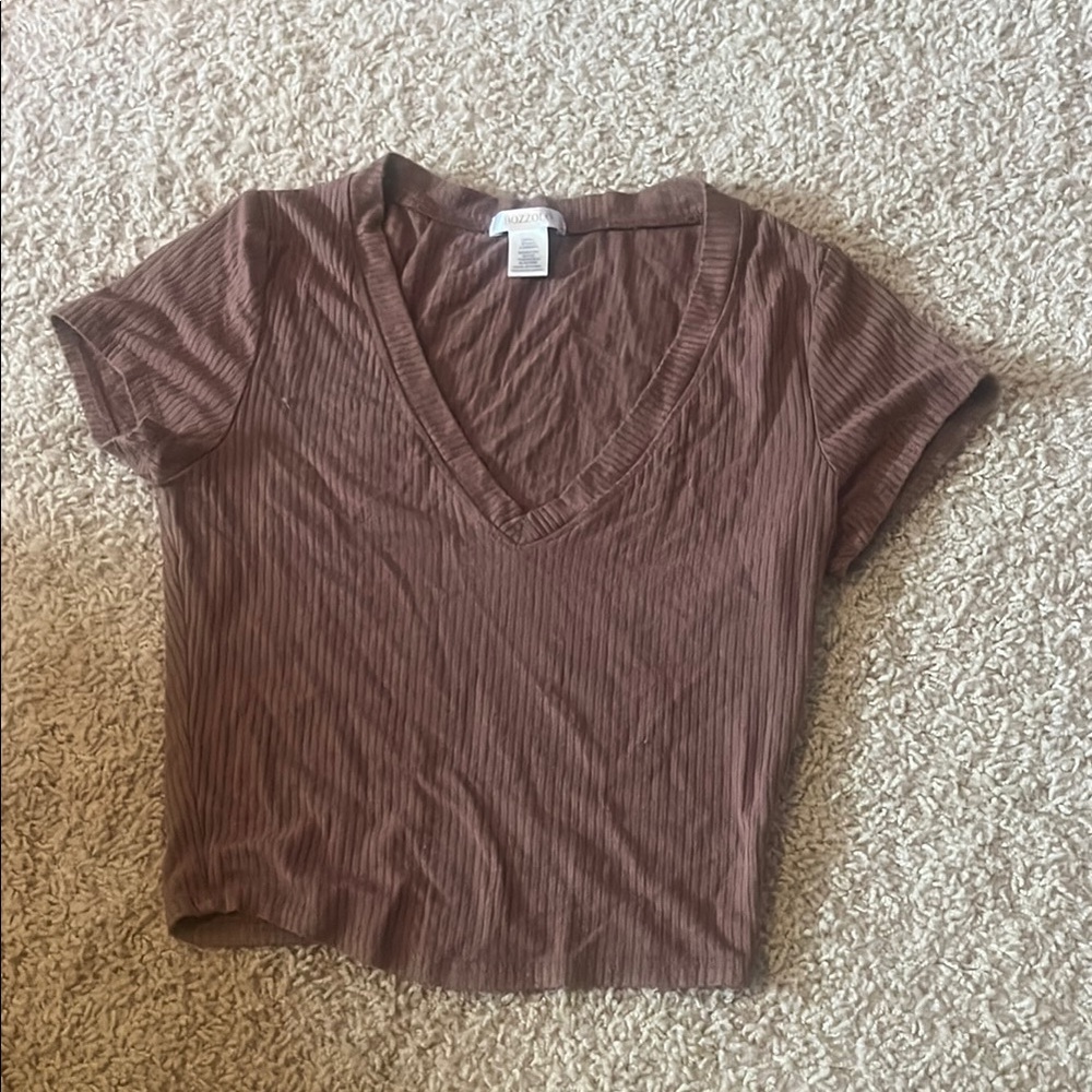 Brown V-Neck Ribbed Women's Top